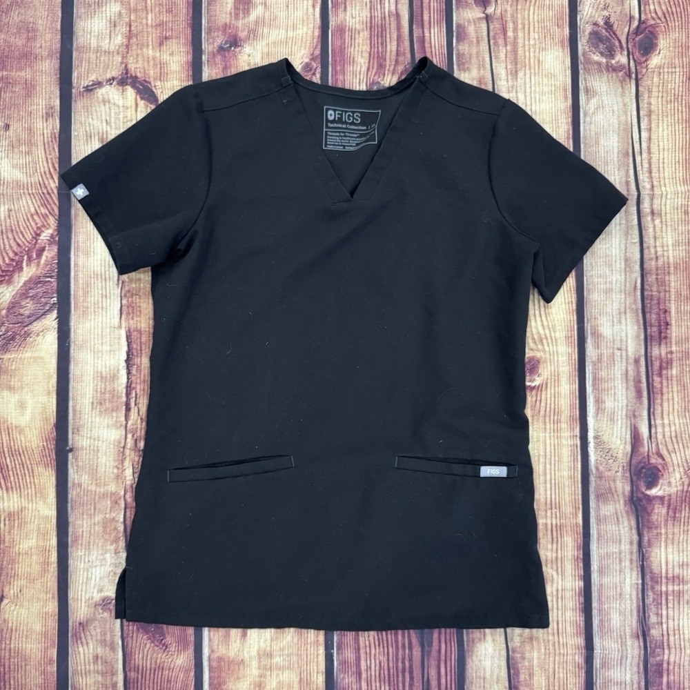 FIGS Women's Black V-Neck Short Sleeve Scrub Top XS Solid Medical Technical